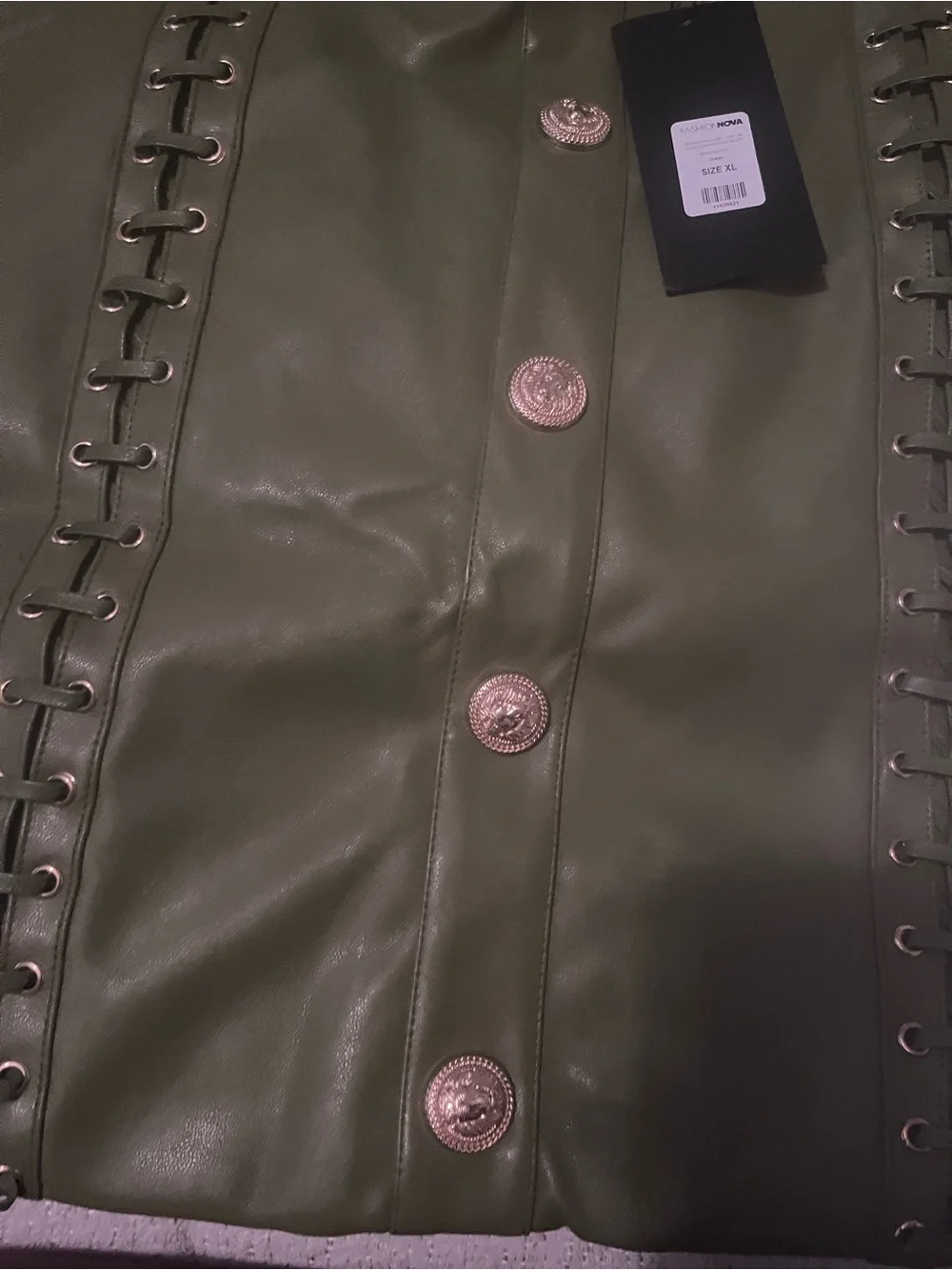 Fashion Nova Downtown Vibe Lace Up Faux Mini Skirt- olive Green Faux Leather